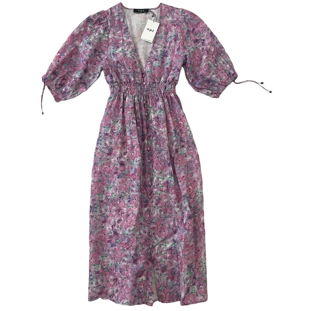 OPT‎ One Pretty Thing Linen Floral Midi Dress Purple New XS